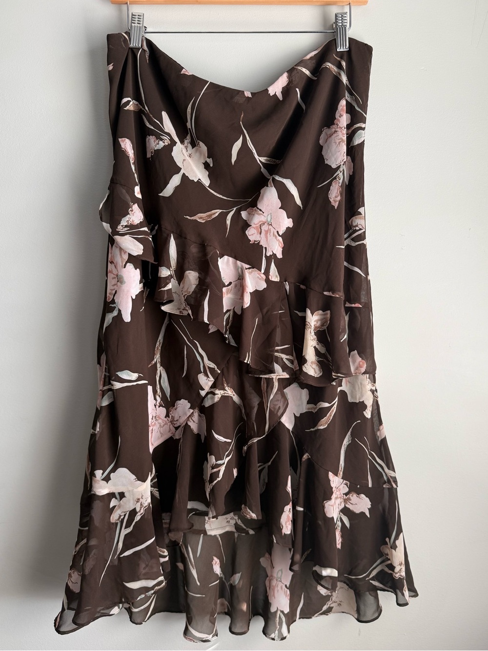 Chaps Brown High-Low Floral Slip Dress with Pink Blooms